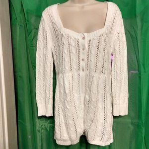 White Open Knit Cotton Cardigan Square Neck Medium
